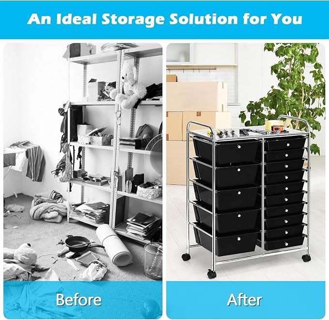 15 Drawer Rolling Storage Cart, Rolling Cart with Drawers for Classroom, Art Supply Craft Organizer on Wheel with Metal Frame & Handles for Home Office School - Image 4