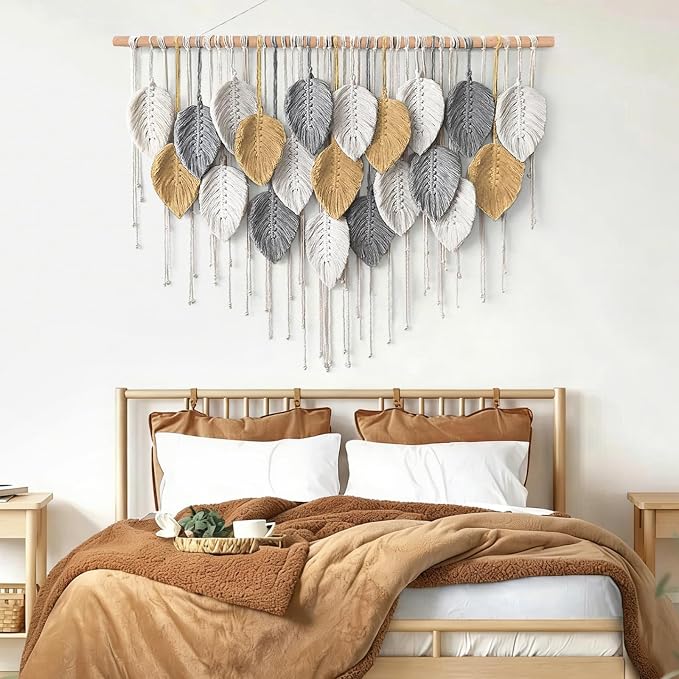 Large Macrame Wall Hanging Boho Woven Tapestry Chic Modern Home Decorations | KHOYIME Bohemian Farmhouse Handmade Leaf Feather Wall Art Decor for Living Room Bedroom Nursery Dorm Backdrop 39" W X 29.5" L - Image 5