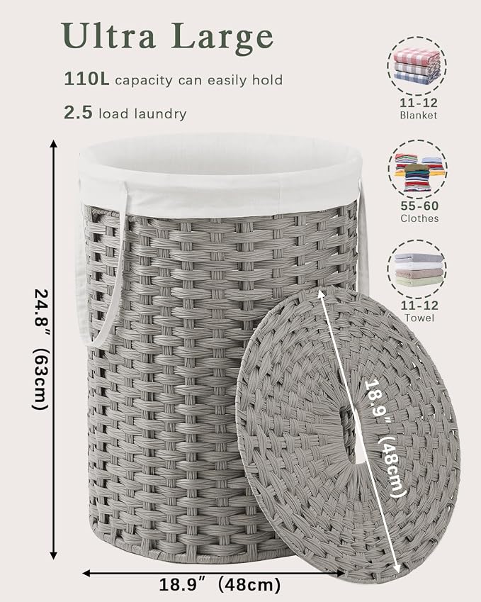 SETVSON Laundry Basket with Lid Round 29.1 Gal (110 L) PE Rattan, Gray | Decorative PE Rattan Furniture Look for Bedroom, Round Laundry Hamper with Lid, Removable Bag, 2 Mesh Bags, Handles - Image 4