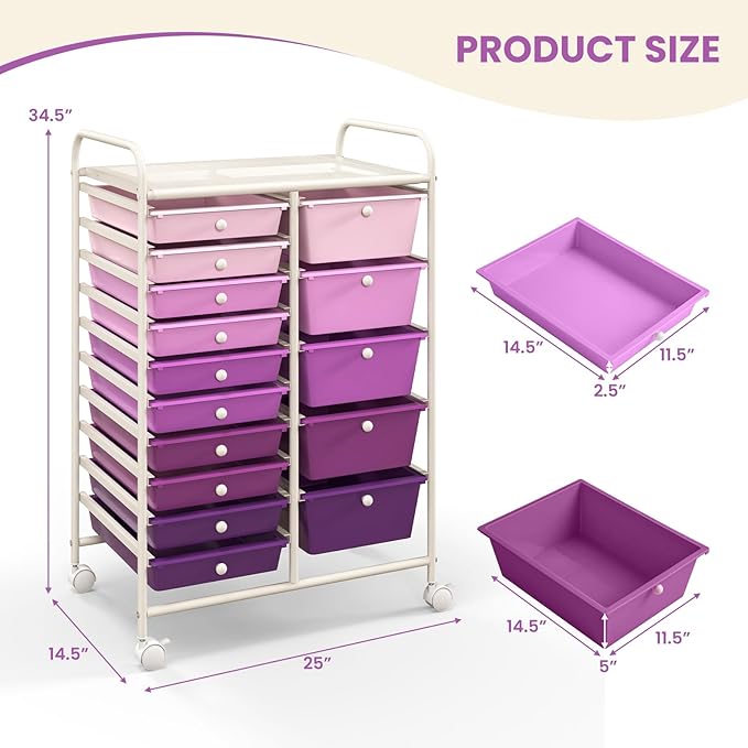 DREAMADE Rolling Cart with 15 Drawers, Rolling Drawer Organizer Cart w/Lockable Wheels, Removable & 2-Sized Storage Drawers, Art Cart for School Home Art Supplies Crafts File Scrapbook - Image 3