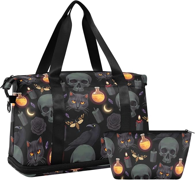 Travel Duffel Tote Bag Grey Skull Sports Duffel Bag with Wet Pocket Weekender Overnight Bag for Women Men Gym Bag, Carry On Bag Hospital Bag for Labor and Delivery - Image 7