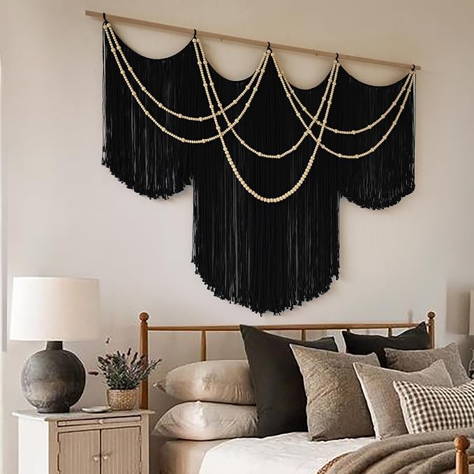 Macrame Wall Hanging Black Yarn Tapestry Boho Fiber Art Decor 57"W*43"L | Black Wall Hanging, Woven Fiber Art, Handmade Cotton Decor, Modern Boho Style, Statement Wall Accent, Handmade Craft - Image 3