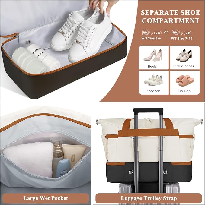 Gym Bag for Women, 45L Carry On Travel Duffel Bag with Shoes Compartment | Weekender Overnight Duffel Bag with Wet Pocket, Hospital Bag for Women Labor Delivery, Carry On Bag for Travel, Gym, Weekend - Image 4