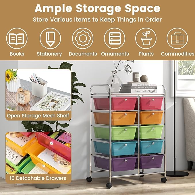 10 Drawer Rolling Cart, Storage Cart Organizer on Wheels, Drawer Cart with Metal Frame & Large Storage Capacity, Rolling Cart with Drawers for Living Room Classroom, Office - Image 5