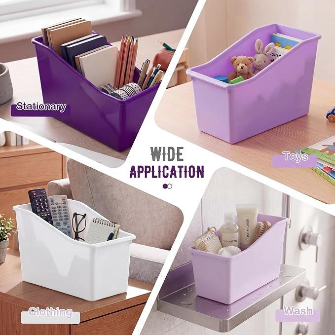 Geetery 12 Pcs Book Bin for Classroom with Labels Stackable Plastic Organizing Bins 11.5 x 5.4 x 7.5 in Book Holders Storage Bins Box Baskets for Classroom Library Home (Purple Color Series) - Image 5