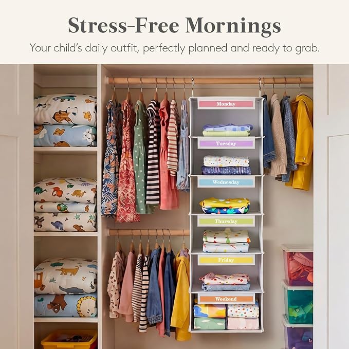 Lifewit 6 Shelf Weekly Clothes Storage Organizer for Kids, 2 Pack, Gray | Closet Storage with Color Labels for School Outfits, Daily Clothing Divider with Days of The Week Monday to Friday Weekend - Image 6