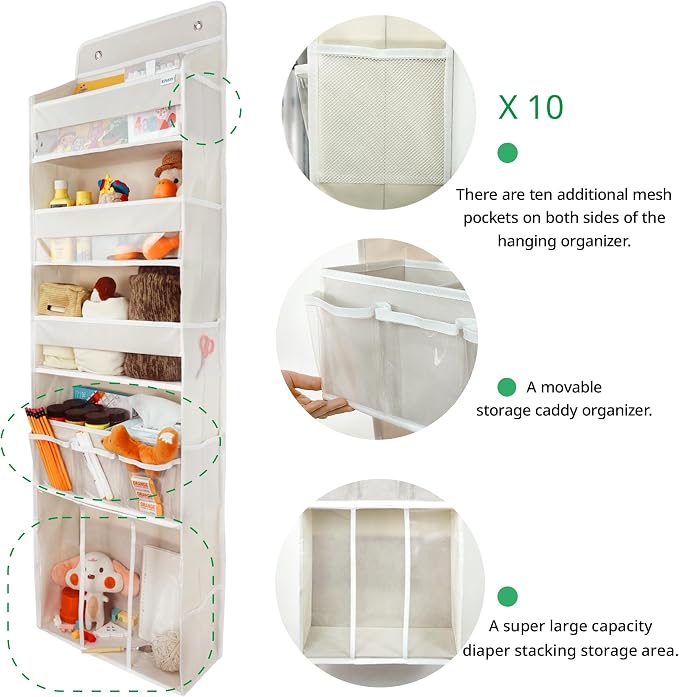 Door Hanging Storage Organizer,with 3 Bins 1 Movable Baby Diaper Caddy,1 Large capacity diaper stacking storage Organizer,10 Side Pockets ,Bedroom Door Storage for Nursery Baby Essentials. (Beige) - Image 4