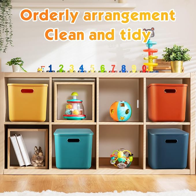 8 Pack Storage Bins, 14.2 X 10.2 X 9.5 Inch Multi-colored | Plastic Stackable Containers with Lid Handle, For Shelves Desktop Playroom Office, Organizing Toys Books Supplies Storage - Image 4