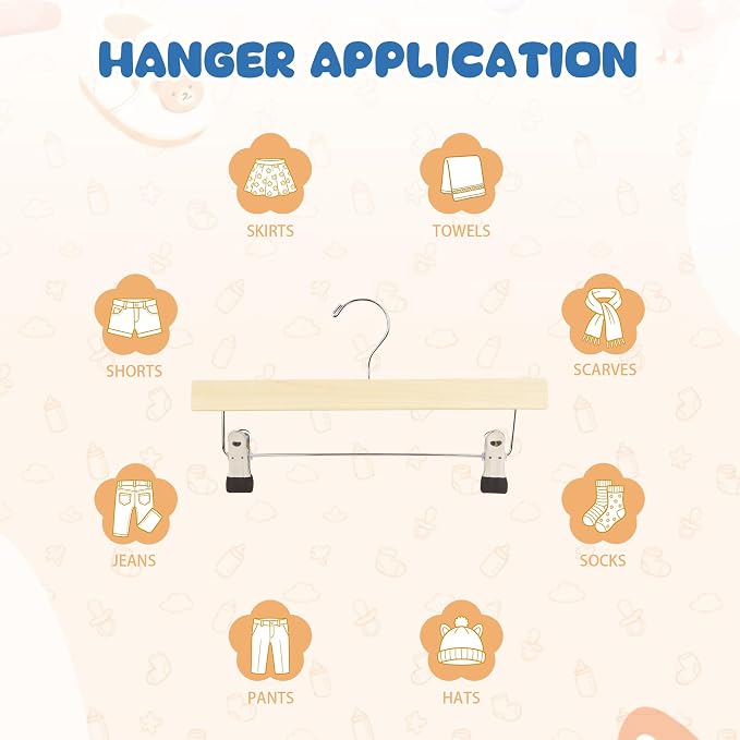 Kids Wooden Pants Hangers for Toddler & Baby Clothes, Natural, 12-Pack | Solid Wood Skirts Hangers with Adjustable Anti-Wrinkle Clips for Children's Trousers, Slacks, Jeans, 12" - Image 6