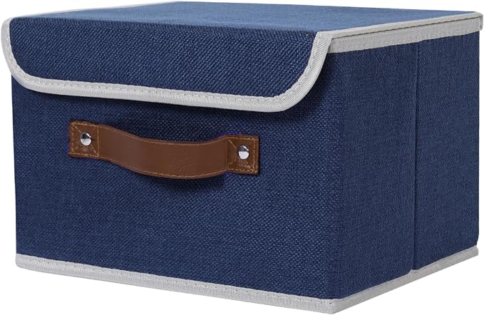 ANMINY Fabric Storage Box Bins with Lids, Blue, 13"x9"x7.9" | Keepsake Memory Storage, Cotton Linen, PP Board Reinforced, Washable, PU Handles, Foldable & Stackable, Decorative, Medium by ANMINY