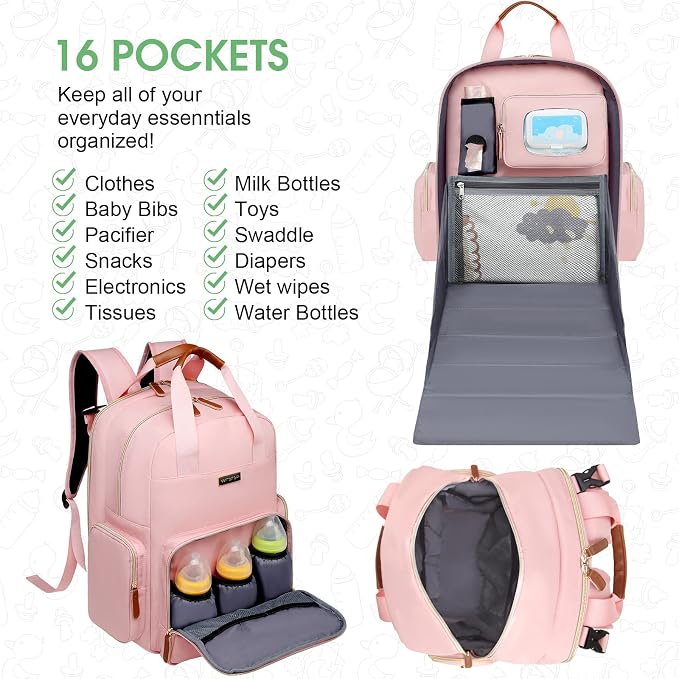 Diaper Bag Backpack with Changing Station, Baby Diaper Organizer Travel Bag | Large Capacity Diaper Bag for Moms Dads - Fold Out Changing Pad, Insulated Pockets, Stroller Straps, Baby Eessentials - Image 3
