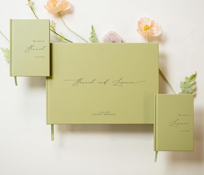 Personalized Wedding Book Set with Guestbook Vow Books (Design 1) - Custom Large 11.5 x 8.5 Guest Signin Book, 5.75 x 4 Vow Books for Marriage Ceremony Reception, Gift for Newly Engaged Couple, Sage by ModernAlbumDesigns