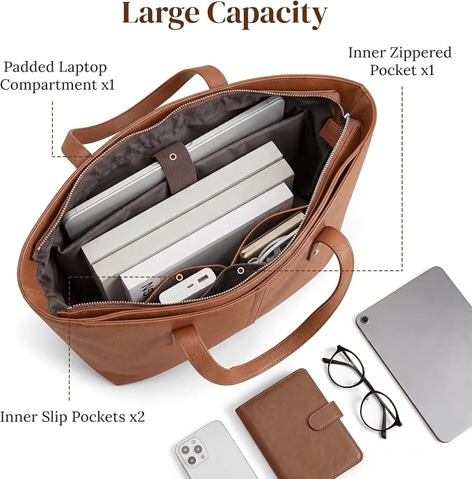 S-ZONE Tote Bag for Women Work Purses Handbags Luggage Strap Large Travel | Padded Laptop Compartment, Multi Pockets, Vegan Leather, Bottom Metal Rivet, Commuting Office Teacher - Image 6