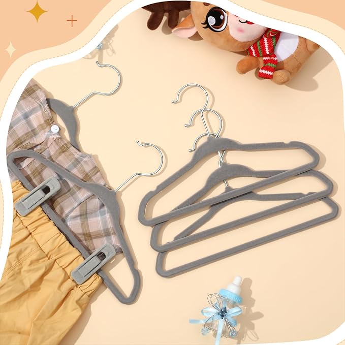 20 Pack Velvet Hangers for Baby & Kids, 11 Inch Non-Slip Infant Clothes Hangers with 40 Multi-use Adjustable Clips, Slim Space Saving Hanger for Nursery Closet, Toddler Skirts Pants Coat, Grey - Image 7