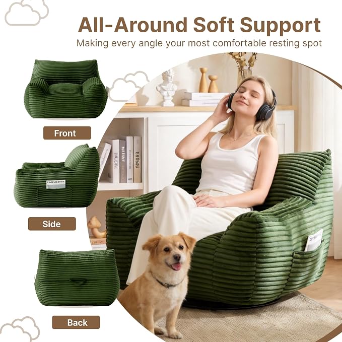 Bean Bag Chair for Adults & Kids, Giant Bean Bag Sofa with Side Pocket, Corduroy Beanbag Chair with Armrests, Comfy Stuffed Floor Sofa for Living Room Bedroom Dorm, Green - Image 7