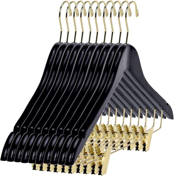Quality Wooden Skirt Hangers with Clips, 10-Pack Smooth Solid Wood Pants Hangers with Durable Adjustable Metal Clips, Swivel Hook, Coat, Jacket, Blouse Suit Hangers (Black - Gold Hook, 10) - Image 8