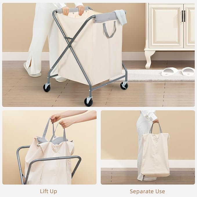STORAGE MANIAC 125L Collapsible Laundry Hamper with Wheels, Rolling Laundry Basket, Heavy Duty Cloth Sorter with Removable Bag, Folding X Frame Clothes Organizer Cart for Easy to Store, 2 Section - Image 5