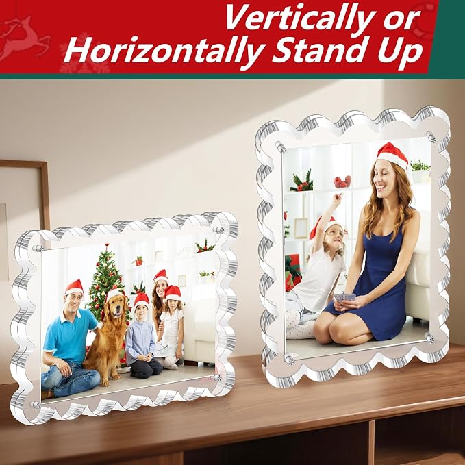 3 Pack Magnetic Acrylic Picture Frames 5x7 Inch Photo Frame | Freestanding Scalloped Magnet Photo Frame with 10+10MM Thick Block, Double Sided Clear Frameless Frame for Desktop Display - Image 5