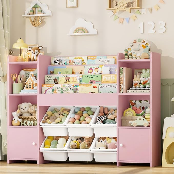 Toy Storage Organizer with 6 Toy Bins & 4 Tier Kids Bookshelf | Toy Organizer with 6 Cubbies, Kids Toy Organizers and Toy Storage with Bins, Playroom Storage and Toy Chest, Pink by finetones