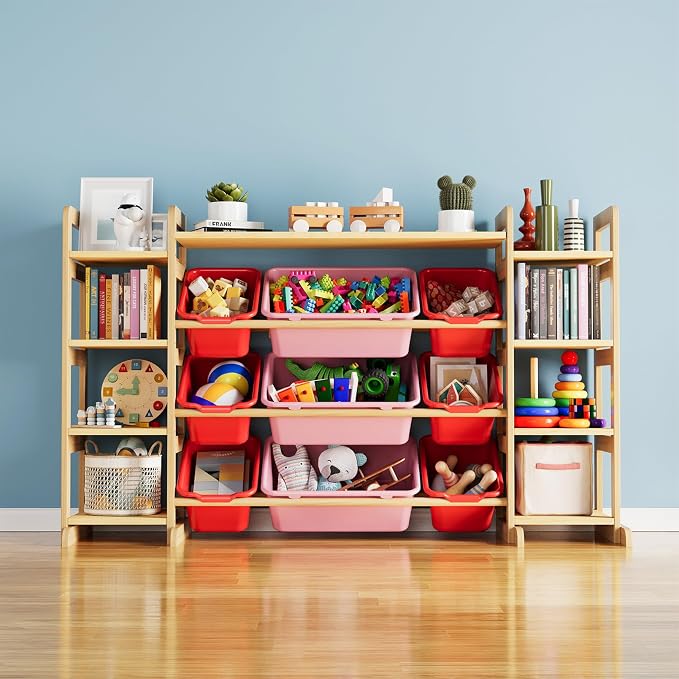 SpaceAid Large Toy Storage Organizer 9 Shelves 9 Bins, Toy Organizers Storage Bookshelf, Kids Bin Shelf Toys Box Bookcase for Bedroom Playroom Organization Room Decor, Red and Pink by SpaceAid