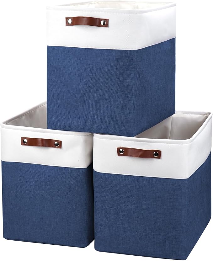 Large Fabric Storage Baskets | 50L Storage Bins, Decorative Linen Closet Baskets with Handles for Organizing, Shelf, Toys, Clothes, Home, Office, Nursery, 17x12x15Inches (Navyblue&White) by Bagnizer