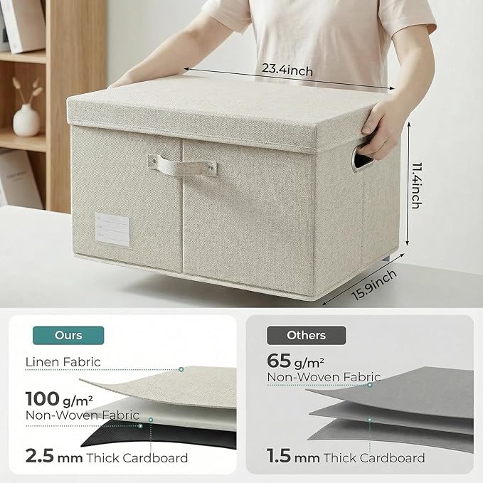 Storage Bins with Lids [3-Pack] Linen Fabric Foldable Storage Boxes Organizer Containers Baskets Cube with Cover for Bedroom Closet Office Beige (23.4X15.9X11.4) - Image 3