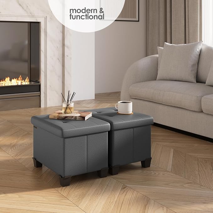 Storage Ottoman Cube with Small Bin, 16-in Square Ottoman with Storage for Living Room and Bedroom, Small Ottomans Foot Rest, Leather Foot Stools Ottomans Max 330lbs, Grey - Image 2