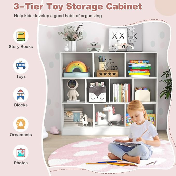 HONEY JOY Kids Toy Storage Organizer, 10-Section Wooden Floor Storage Cabinet, 41” Daycare Toy Chest, 3-Tier Kids Display Bookshelf for Classroom, Playroom & Nursery, Kindergarten (White) - Image 4