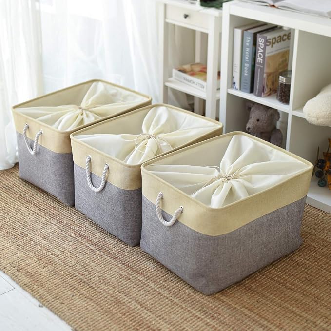 Storage Bins Baskets for Organizing - Extra Jumbo 3 Pack 20.5Lx15.7Wx13.8H Sturdy Fabric Storage Basket for Shelves, Decorative Foldable Closet Nursery Toy (Gold&Grey) - Image 4