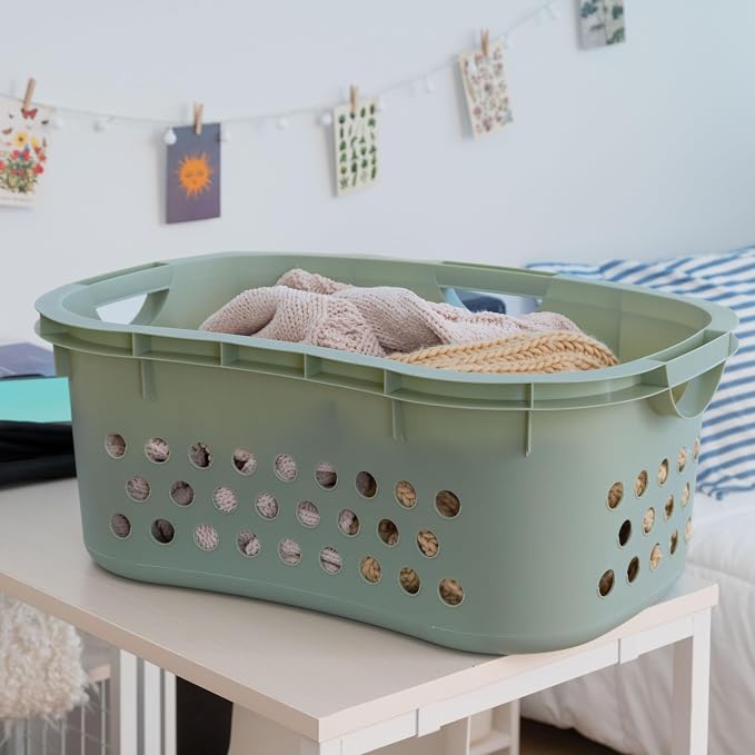 IRIS USA Laundry Basket, 51L Plastic Hip Hold Hamper, 4 Pack, Sage Green | Lightweight ventilated laundry basket with hip-hold handles for everyday clothes, towels, and bedding. - Image 6