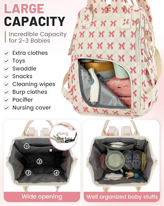 Corduroy Diaper Bag Backpack, Large Capacity Multifunction Baby Diaper Bags for Women, Insulated Bottle Pockets & Pacifier Case, Stylish Travel Nappy Changing Bags for Mom Dad (Bow Pink) - Image 4