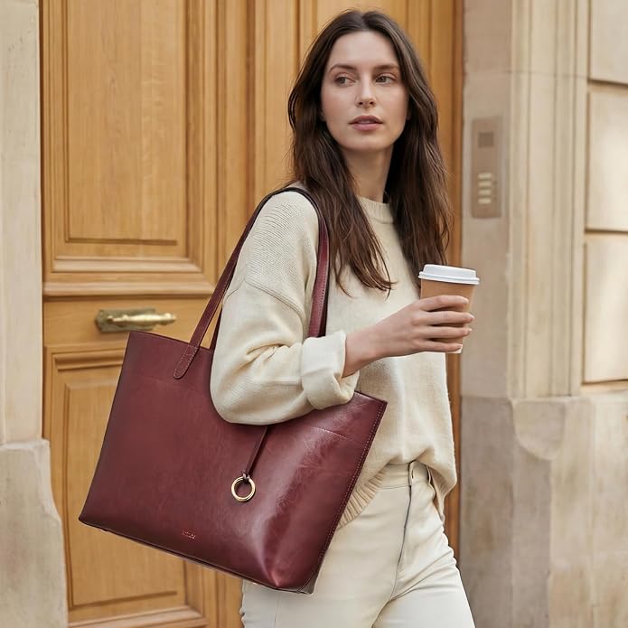 Kattee Vintage Genuine Leather Work Tote for Women | Spacious interior with a zip compartment for organized work, travel, and everyday essentials. - Image 2