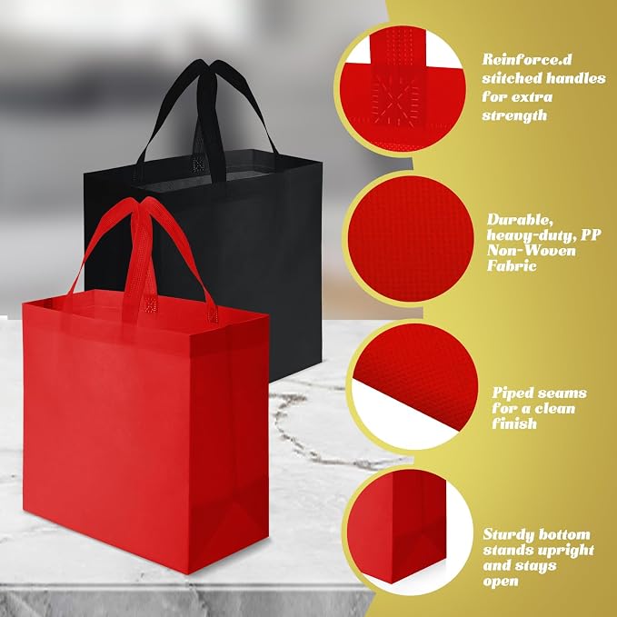 Reginary 100 PCS Non Woven Tote Bags Bulk,Red,Black | Reusable Shopping Bags with Handles, Stores, Groceries Markets, Events Gift, Party Supplies - Image 5