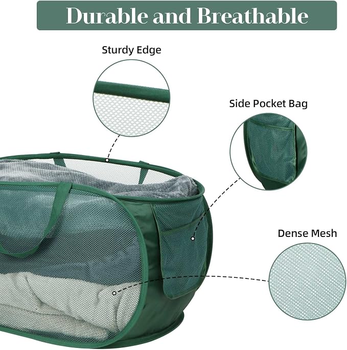 Sturdy Mesh Pop Up Laundry Hamper, Collapsible Laundry Baskets with Side Pocket, Foldable Clothes Hamper with Reinforced Carry Handles for Laundry, Bathroom, Kids Room, Dorm or Travel Emerald - Image 3
