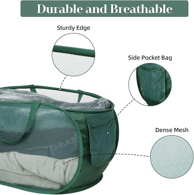 Sturdy Mesh Pop Up Laundry Hamper, Collapsible Laundry Baskets with Side Pocket, Foldable Clothes Hamper with Reinforced Carry Handles for Laundry, Bathroom, Kids Room, Dorm or Travel 2 Pack Emerald - Image 4