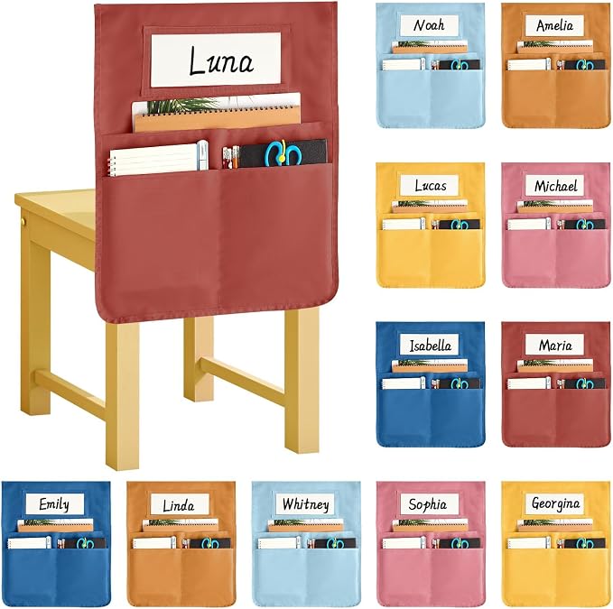 gisgfim 12 Pcs Chair Pockets for Classroom 16.7 x 19.3 Inch s with Name Tag Chairback 3 Pockets Chairs Seat Back Organizer for Elementary School Daycare Home Supply (Groovy) by gisgfim