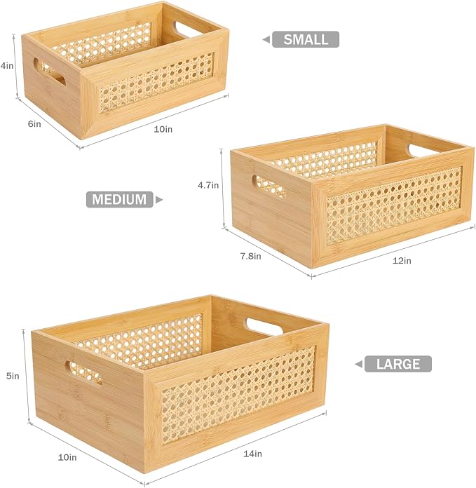ANMINY Bamboo Rattan Storage Baskets, 3PCS Nesting, with Handles | Natural Bamboo Wood Baskets, Decorative Storage with Built-in Handles, Nestable for Pantry Kitchen Shelf Desktop - Image 3