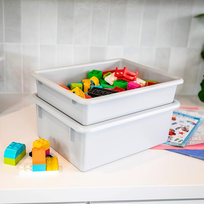 ECR4Kids Letter Size Plastic Tray Organizer with Lids, Small, Storage Bins, Light Grey, 10-Piece | Durable plastic, GREENGUARD Gold Certified, 2 gallon capacity, stackable/nestable, easy-lift lids, classroom & home use - Image 7