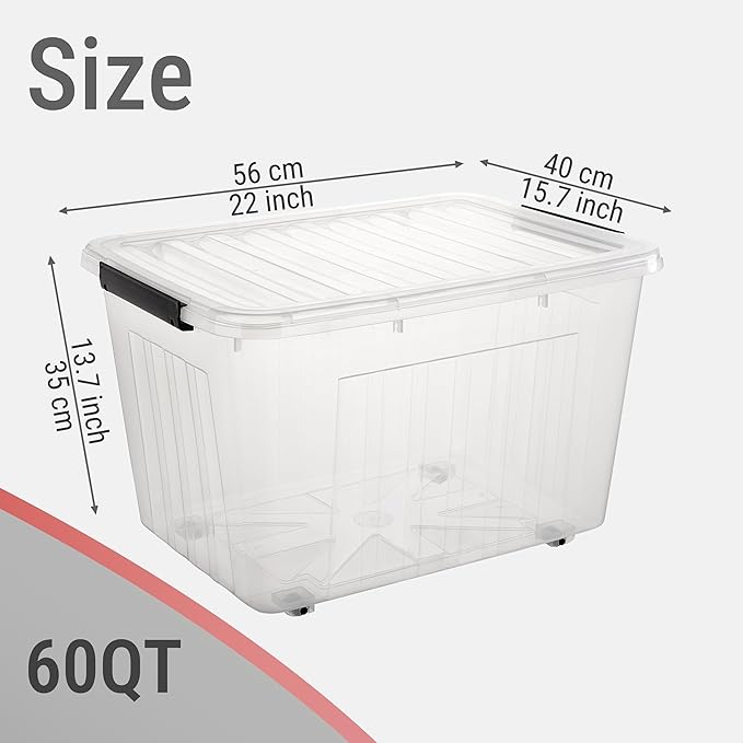 Cetomo Plastic Storage Bins, Lidded Storage Box with Wheels for Home Office Dorm, Wheeled, Stackable, Clear, 60Quart-4 Pack - Image 4