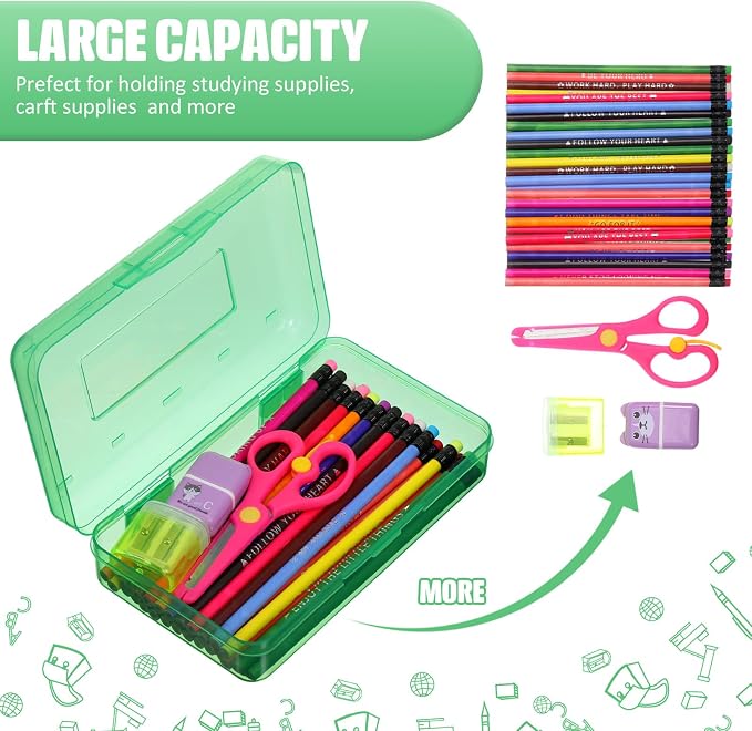 Fainne 24 Pack Clear Plastic Pencil Box,Red, Blue, Green | Stackable Organizer for School Supplies, Large Case for Crayons Markers, Snap-lid Keeps Stationery Secure, Bulk Set - Image 3