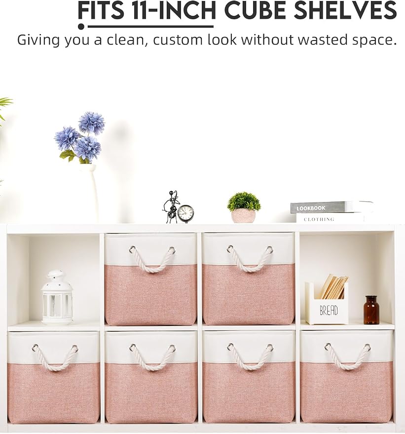 Temary 11 Inch Storage Cubes, Sturdy Fabric Bins with Metal Support & Soft Rope Handles, 6 Pack Foldable Nursery Organizer Baskets for Clothes, Home (White & Pink) - Image 4