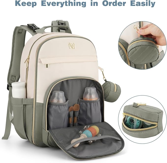 Diaper Bag Backpack, Quilted Baby Bag with Changing Pad & Stroller Straps & Pacifier Case, Large Travel Diaper Bags for Mom Dad, Green Beige - Image 3