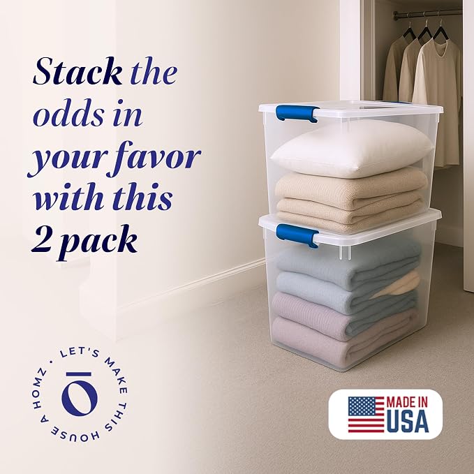HOMZ Clear Plastic Storage Bins w/Latching Lid, 112 Qt, Blue Latch, 2 Pack | Stackable Organizing Containers for Home, Garage, and Office - Image 2