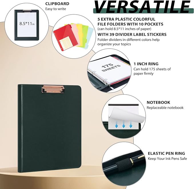Ospelelf Leather Clipboard with Storage, Zippered Padfolio Portfolio Organizer, 3 Ring Binder 1 Inch, Notepad, Tablet Sleeve, 5 Dividers with Pocket for Office, Nurses,Students, Teachers Green - Image 3