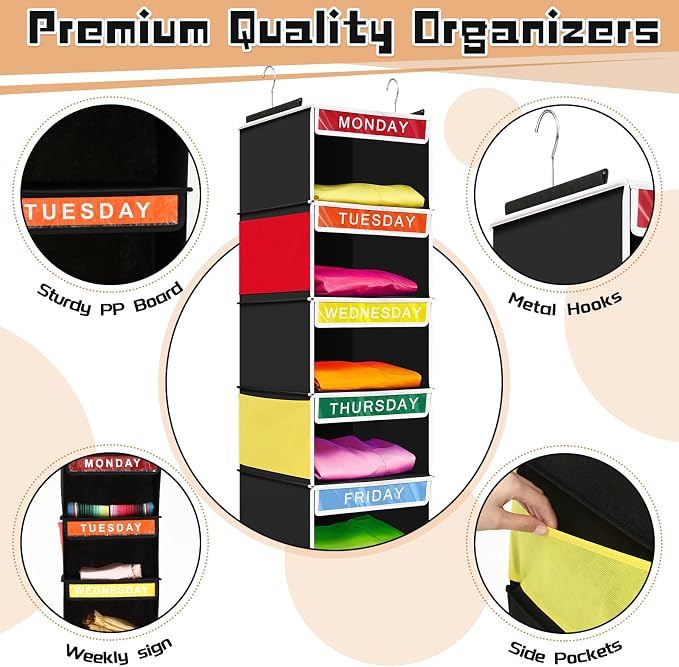 2 Pcs 7 Shelf Weekly Clothes Organizer for Kids Hanging Closet Organizer 11. 8 x 11. 8 x 50 Inches Daily Activity Kids Clothes Storage Drawers Cube Drawers Closet Hanging Shelves(Black) - Image 3