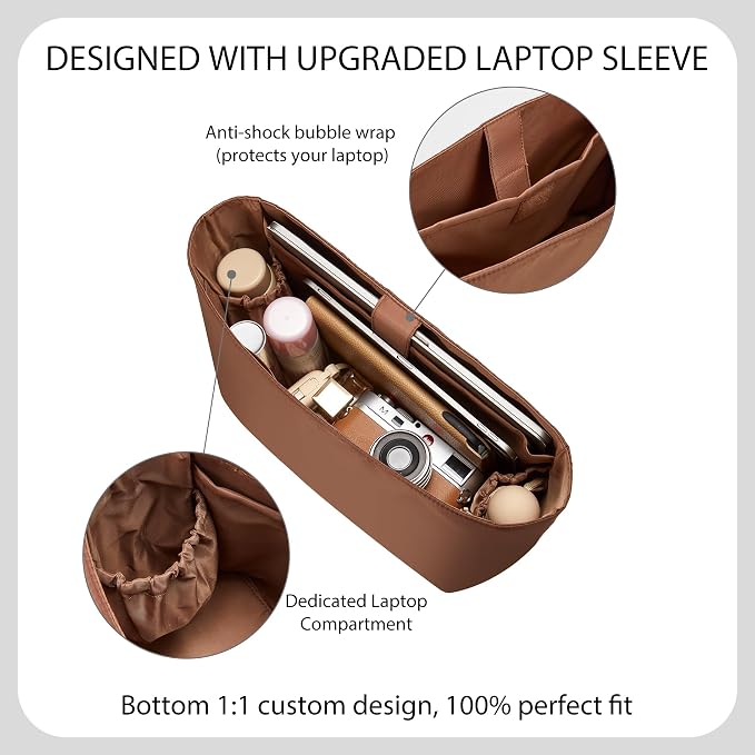 Tote Bag Organizer Insert for Coach City 33 Bag, Premium Soft Nylon Purse Organizer Insert with Laptop Sleeve, Handbag Inner Divider Shaper with Elastic Cup Holder & Smooth Zipper(City33/Brown) - Image 2
