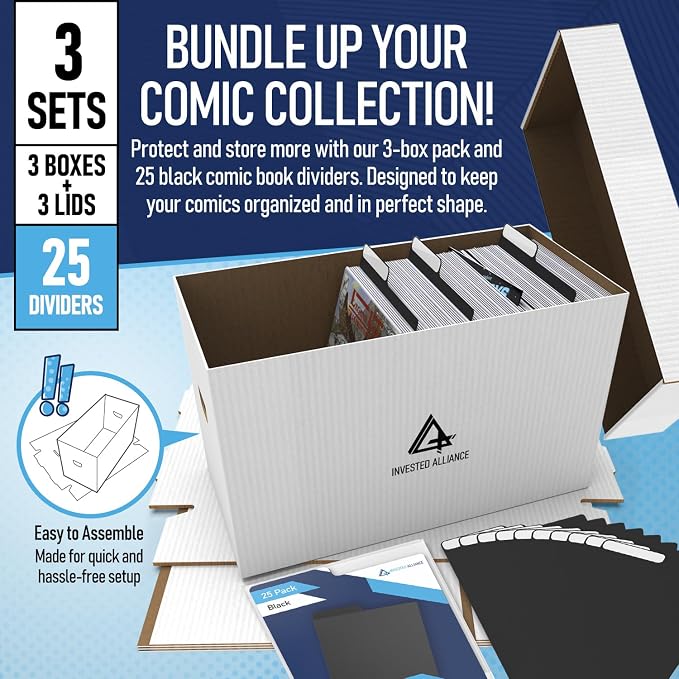 Bundle Set Premium Short Comic Book Storage Box Organizer with Lid | Thick Cardboard Comic Storage Box For Collectibles Fits 150-175 Current/Silver Age, Heavy Duty & Stackable. - Image 2