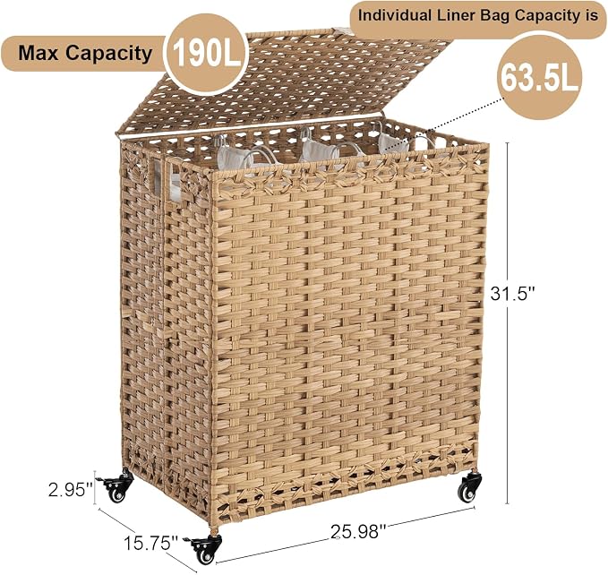 Laundry Hamper with Wheels&Lid, 50.2 Gallons(190L) Rolling Laundry Basket with Wheels, 3-Section Laundry Hamper, Handwoven Rattan Clothes Hamper with 6 Removable Liner& 3 Mesh Laundry Bags, Natural - Image 4