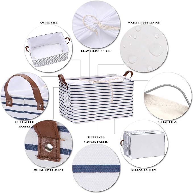 Hinwo 4-Pack Large Canvas Fabric Storage Baskets with Handles, 31L Rectangle Storage Bins, Collapsible Storage Box, Clothes, Toys, Blankets Organizers, 16.5 x 11.8 x 9.8 inches, (Navy Blue Stripe) - Image 4