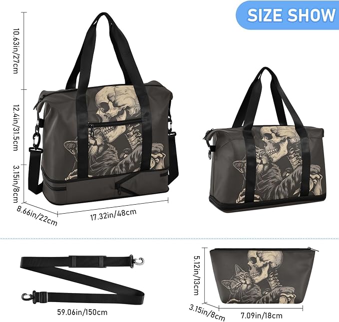 Travel Duffel Tote Bag Cat Snuggled Human Skeletal Skull Sports Duffel Bag with Wet Pocket Weekender Overnight Bag for Women Men Gym Bag, Carry On Bag Hospital Bag for Labor and Delivery - Image 6